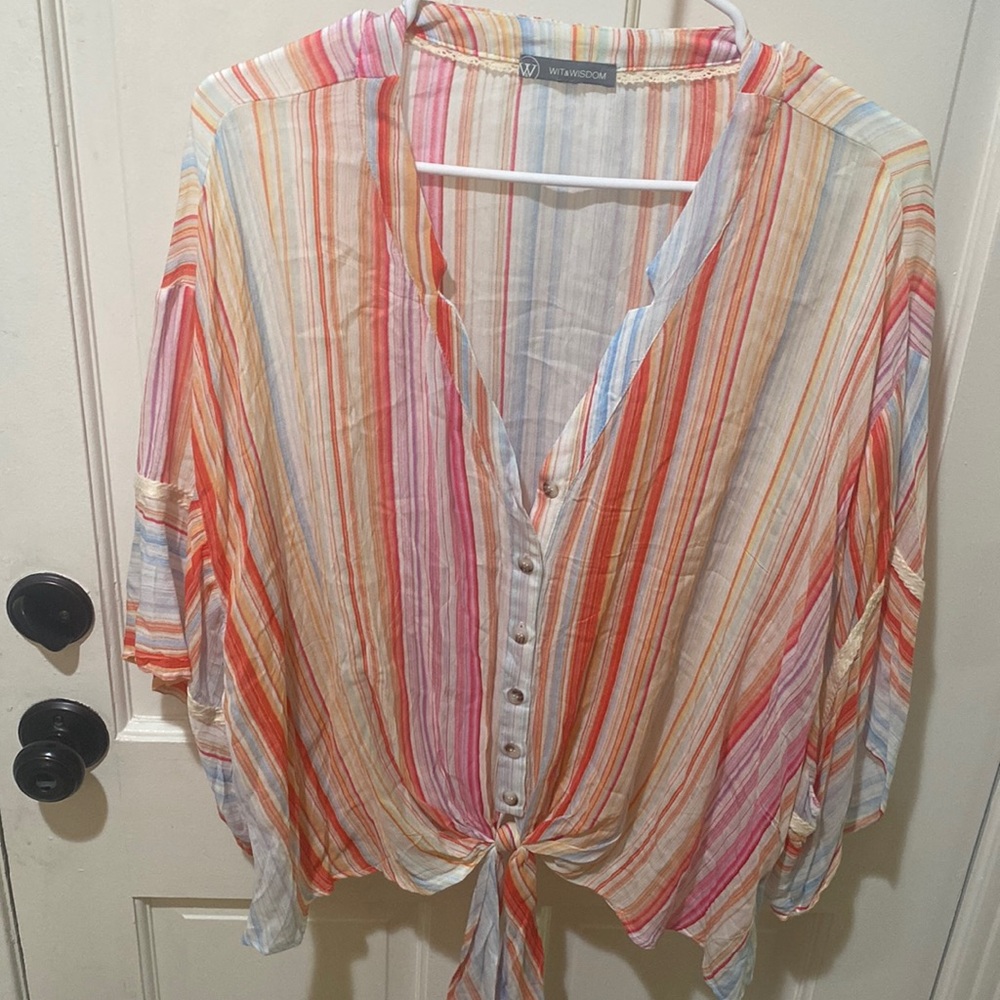 Short sleeved, button up, tie front shirt - bright colored stripes—- worn once